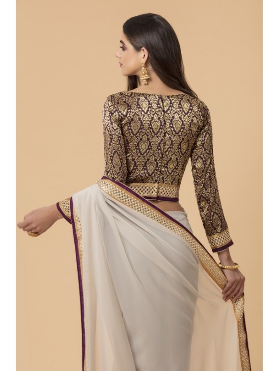 ZACS-719 SILVER GREY PARTY WEAR BROCADE BLOUSE SAREE