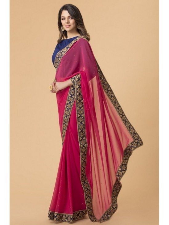 ZACS-716 RANI PINK AND NAVY BLUE BLOUSE BOLLYWOOD STYLE READY MADE SAREE