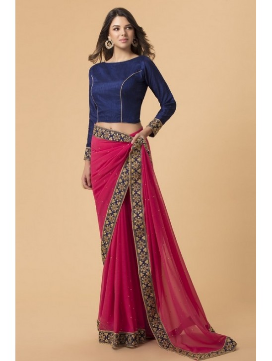 ZACS-716 RANI PINK AND NAVY BLUE BLOUSE BOLLYWOOD STYLE READY MADE SAREE