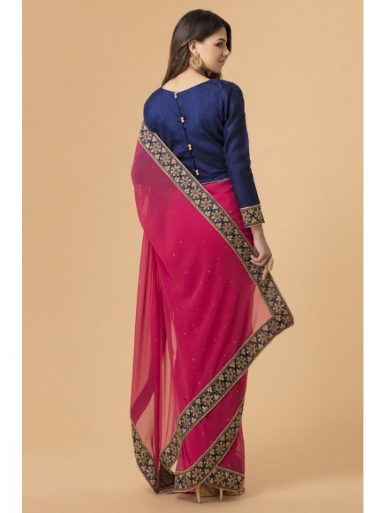 ZACS-716 RANI PINK AND NAVY BLUE BLOUSE BOLLYWOOD STYLE READY MADE SAREE