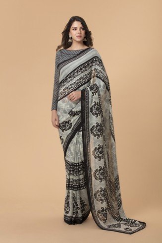 ASH GREY ABSTRACT PRINT DESIGNER READY MADE SAREE