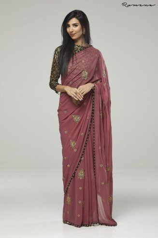 ROSE PINK DESIGNER SAREE WITH BLACK GOLD BROCADE BLOUSE