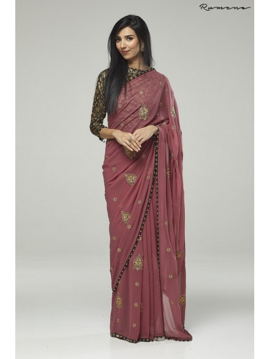 ROSE PINK DESIGNER SAREE WITH BLACK GOLD BROCADE BLOUSE