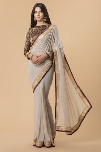 ZACS-719 SILVER GREY PARTY WEAR BROCADE BLOUSE SAREE