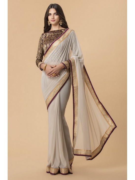 ZACS-719 SILVER GREY PARTY WEAR BROCADE BLOUSE SAREE