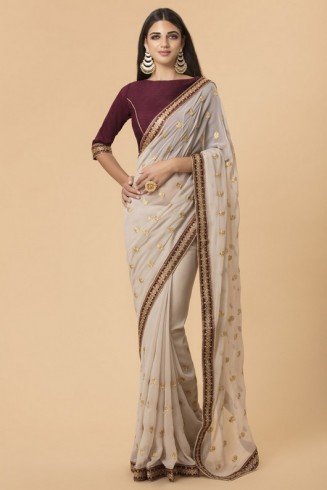 ZACS-51 BEIGE MAROON DESIGNER PARTY SARI