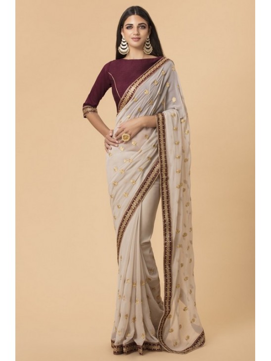 ZACS-51 BEIGE MAROON DESIGNER PARTY SARI