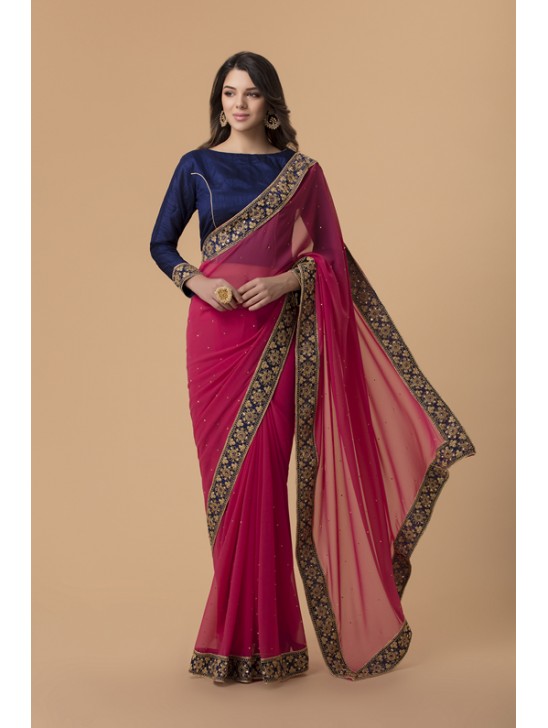 ZACS-716 RANI PINK AND NAVY BLUE BLOUSE BOLLYWOOD STYLE READY MADE SAREE