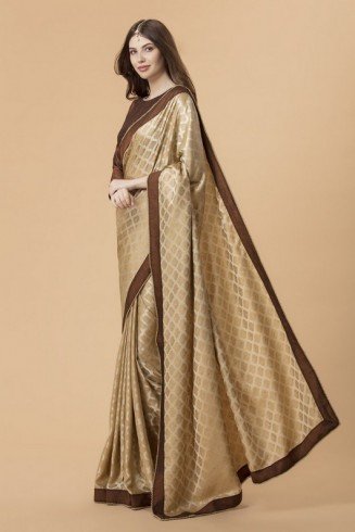 ZACS-726 BEIGE AND BROWN BANARSI SILK INDIAN WEDDING SAREE