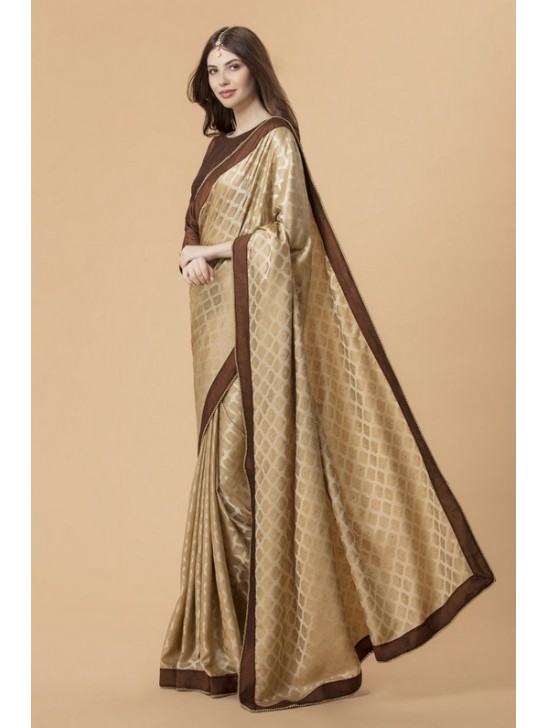 ZACS-726 BEIGE AND BROWN BANARSI SILK INDIAN WEDDING SAREE