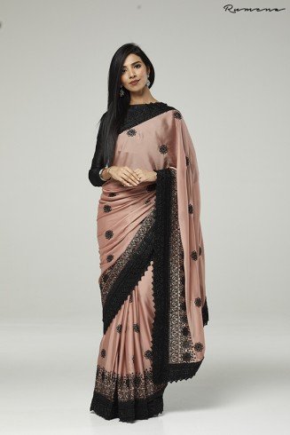 ZACS-731 ROSE PINK AND BLACK EMBROIDERED INDIAN WEDDING SAREE