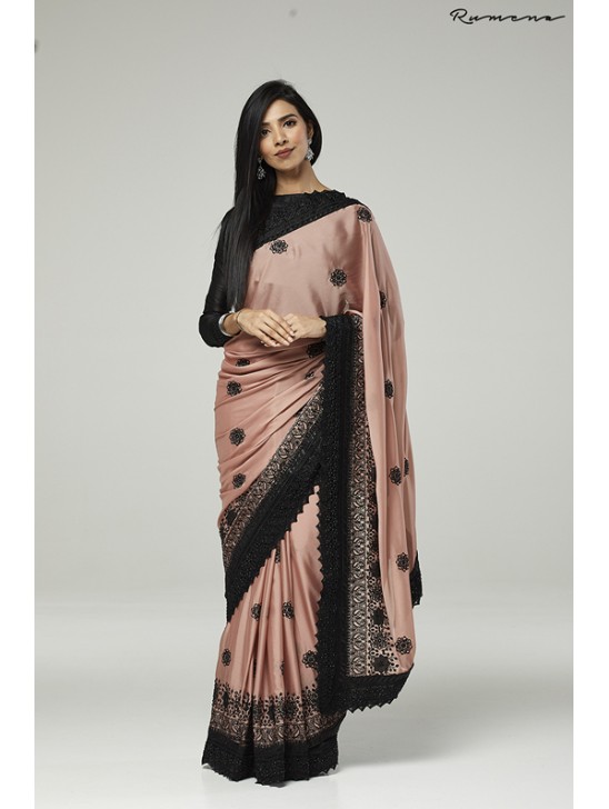 ZACS-731 ROSE PINK AND BLACK EMBROIDERED INDIAN WEDDING SAREE