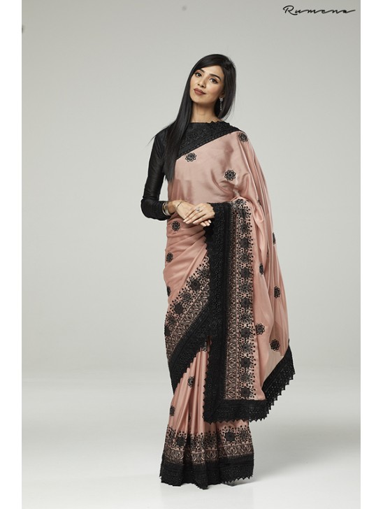 ZACS-731 ROSE PINK AND BLACK EMBROIDERED INDIAN WEDDING SAREE