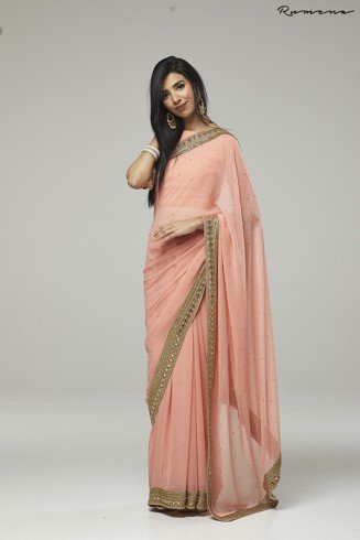 ZACS-734 PEACH PLAIN GEORGETTE READY MADE INDIAN SAREE