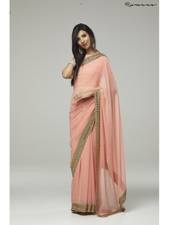 ZACS-734 PEACH PLAIN GEORGETTE READY MADE INDIAN SAREE