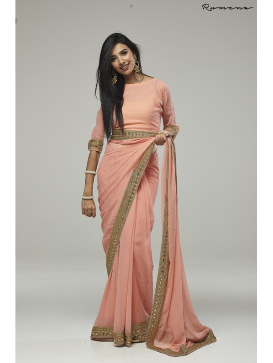 ZACS-734 PEACH PLAIN GEORGETTE READY MADE INDIAN SAREE