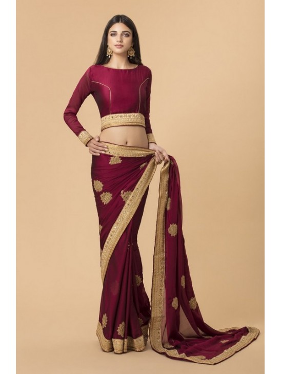 MAROON GEORGETTE SAREE WITH RICH GOLD BORDER