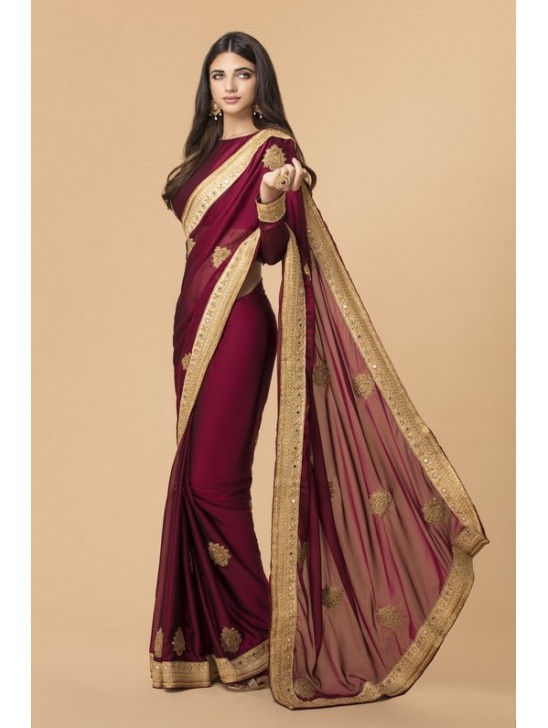 MAROON GEORGETTE SAREE WITH RICH GOLD BORDER