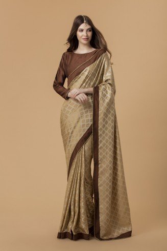 ZACS-726 BEIGE AND BROWN BANARSI SILK INDIAN WEDDING SAREE