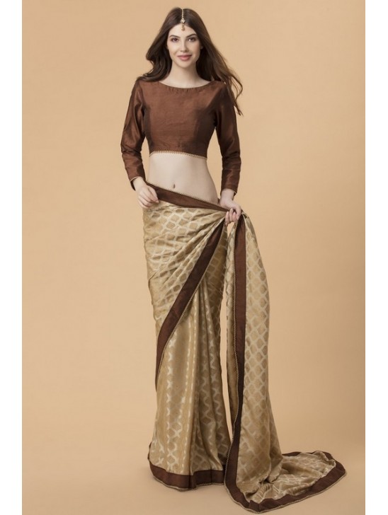 ZACS-726 BEIGE AND BROWN BANARSI SILK INDIAN WEDDING SAREE