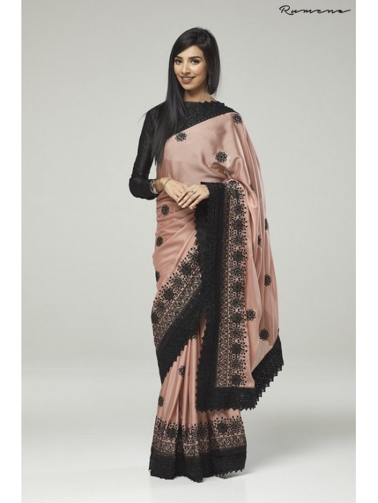 ZACS-731 ROSE PINK AND BLACK EMBROIDERED INDIAN WEDDING SAREE