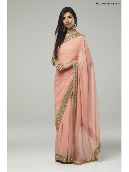 ZACS-734 PEACH PLAIN GEORGETTE READY MADE INDIAN SAREE