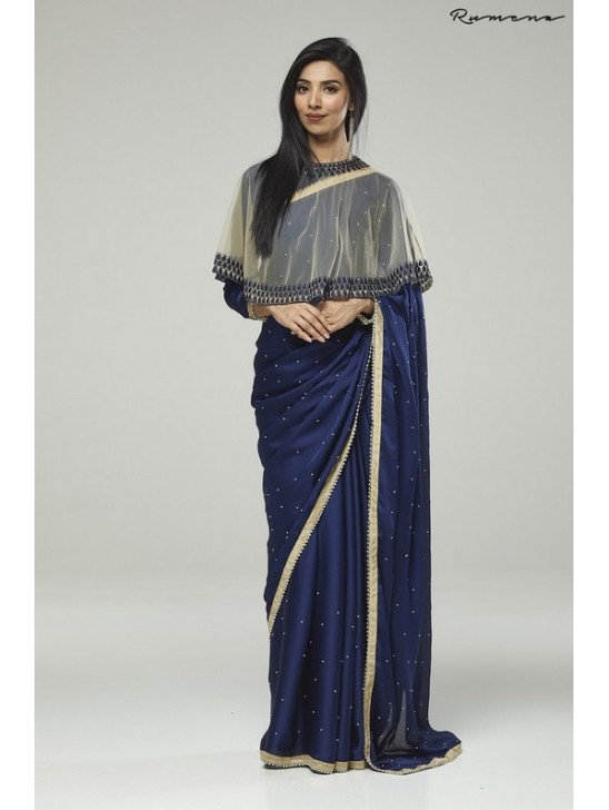 ZACS-729 NAVY BLUE CHIFFON CAPE STYLE DESIGNER SAREE