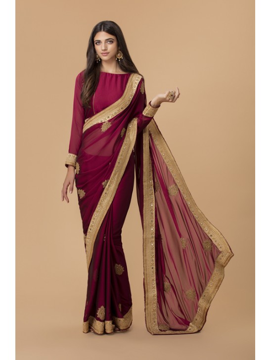 MAROON GEORGETTE SAREE WITH RICH GOLD BORDER