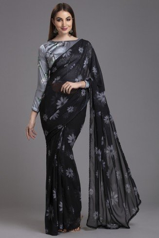 ZACS-561 BLACK AND GREY INDIAN FLORAL PRINTED EVENING WEAR SAREE