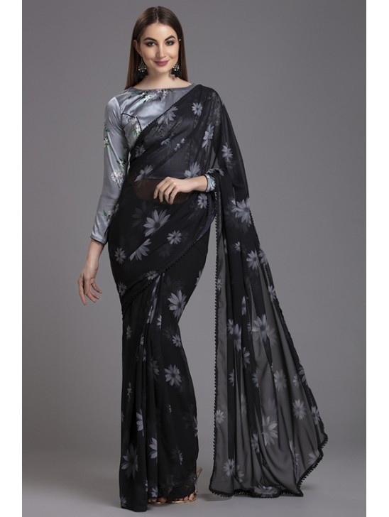 ZACS-561 BLACK AND GREY INDIAN FLORAL PRINTED EVENING WEAR SAREE