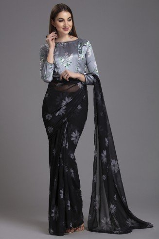 ZACS-561 BLACK AND GREY INDIAN FLORAL PRINTED EVENING WEAR SAREE