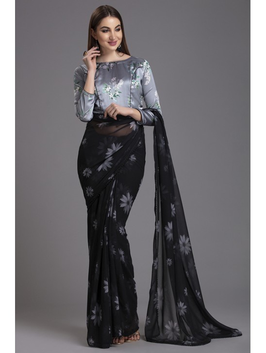 ZACS-561 BLACK AND GREY INDIAN FLORAL PRINTED EVENING WEAR SAREE