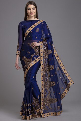 ZACS-872 LUXURY ROYAL BLUE INDIAN PAKISTANI WEDDING SAREE