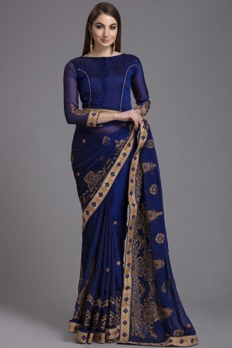 ZACS-872 LUXURY ROYAL BLUE INDIAN PAKISTANI WEDDING SAREE