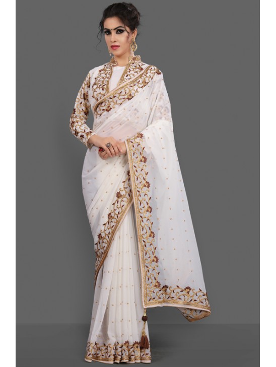 BRILLIANT WHITE NEW JACKET STYLE FESTIVE SAREE