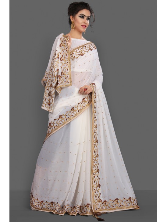 BRILLIANT WHITE NEW JACKET STYLE FESTIVE SAREE