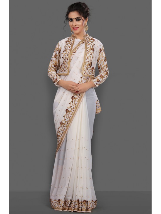 BRILLIANT WHITE NEW JACKET STYLE FESTIVE SAREE