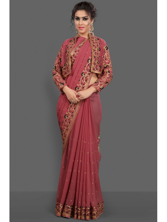 ROSE PINK JACKET STYLE DESIGNER WEDDING SAREE