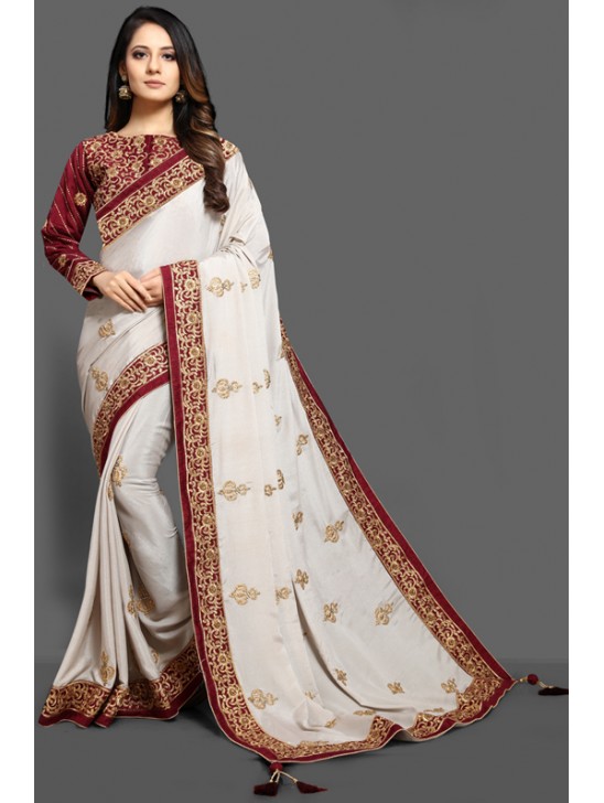 BRILLIANT WHITE & MAROON EMBROIDERED BLOUSE PAKISTANI WEDDING SAREE