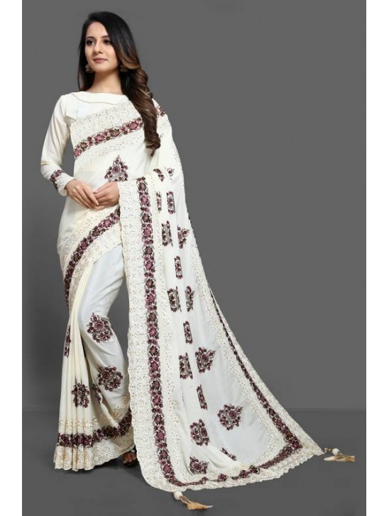 ZAC20-01 BRILLIANT WHITE HEAVILY EMBELLISHED SAREE