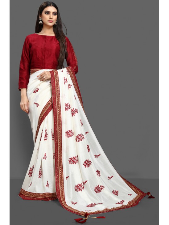 FLAMED SCARLET & OFFWHITE DESIGNER PARTY SAREE