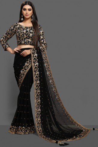 ZAC20-09 BLACK EVENING WEAR DRAPE EMBROIDERED BLOUSE SAREE