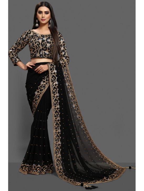 ZAC20-09 BLACK EVENING WEAR DRAPE EMBROIDERED BLOUSE SAREE