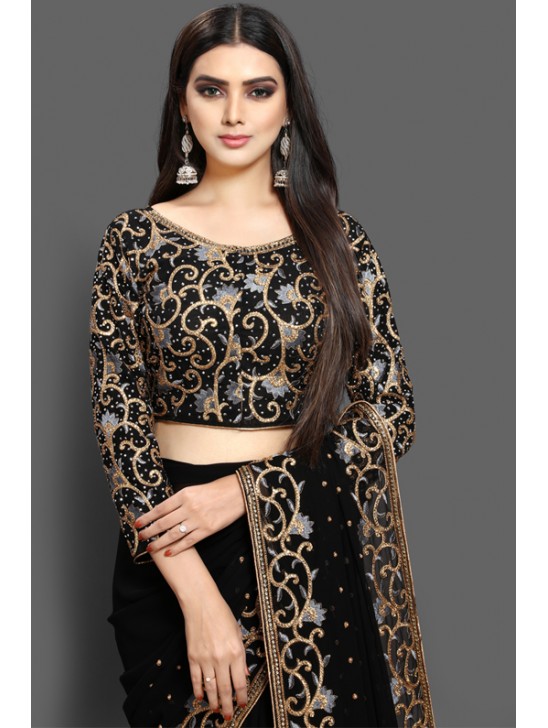 ZAC20-09 BLACK EVENING WEAR DRAPE EMBROIDERED BLOUSE SAREE