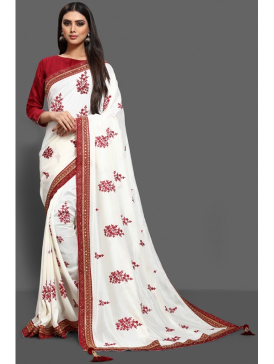 FLAMED SCARLET & OFFWHITE DESIGNER PARTY SAREE