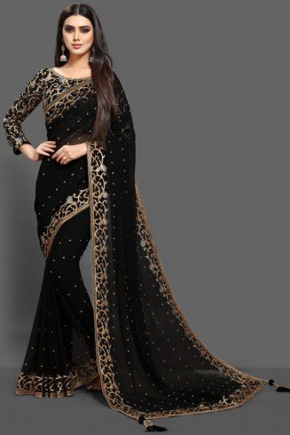 ZAC20-09 BLACK EVENING WEAR DRAPE EMBROIDERED BLOUSE SAREE