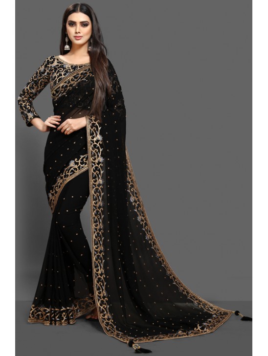 ZAC20-09 BLACK EVENING WEAR DRAPE EMBROIDERED BLOUSE SAREE