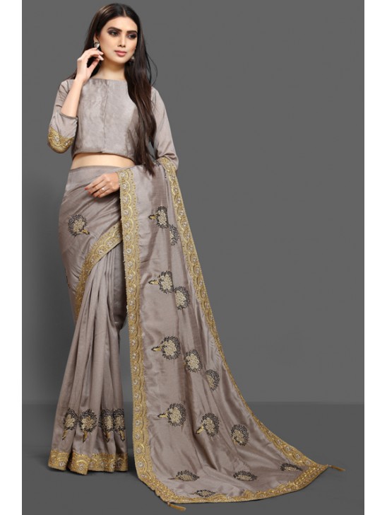 ZAC20-21 ASH GREY INDIAN PARTY WEAR FANCY SAREE