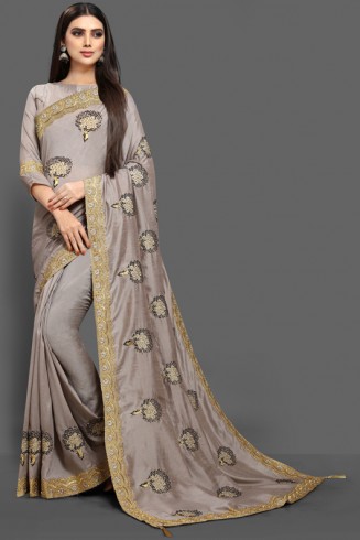 ZAC20-21 ASH GREY INDIAN PARTY WEAR FANCY SAREE