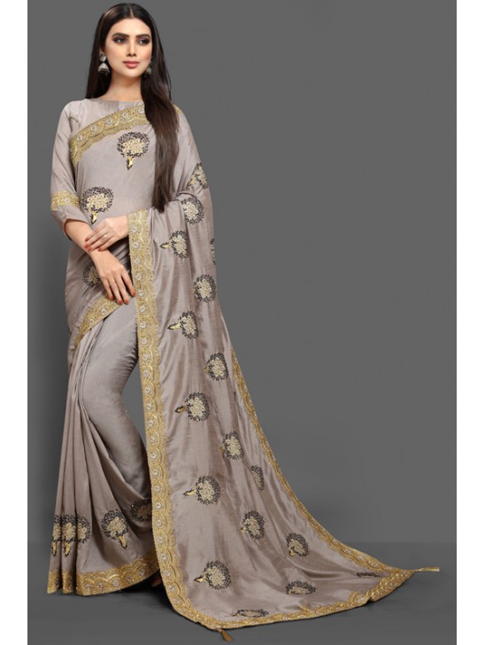 ZAC20-21 ASH GREY INDIAN PARTY WEAR FANCY SAREE